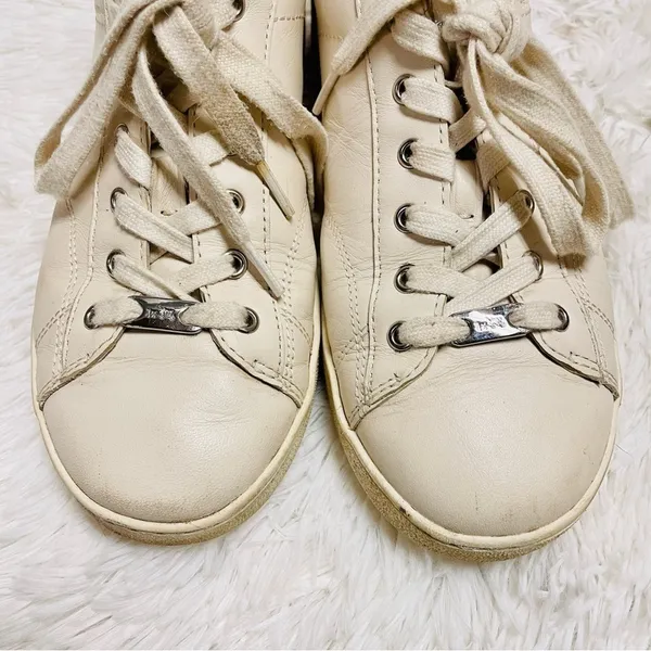 Coach Low Top Leather Sneakers 9B Leopard Print Heel Off-White Luxury C126 - Image 5