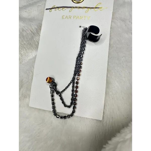 NEW Free People Ear Party Chain Cuff Earring Amber Rhinestone Gunmetal Bohemian - Image 2