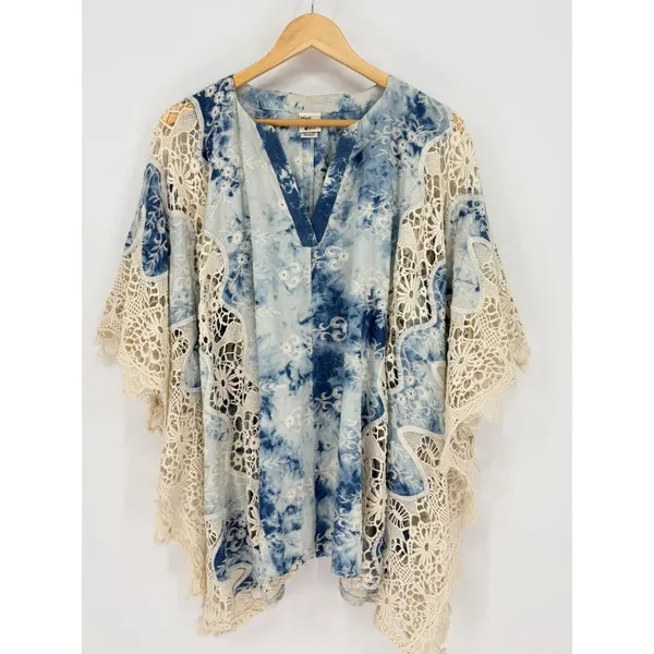 Mindset‎ by XCVI Large Blue Acid Wash Tie Dye Crochet Lace Poncho Top Boho - Image 2