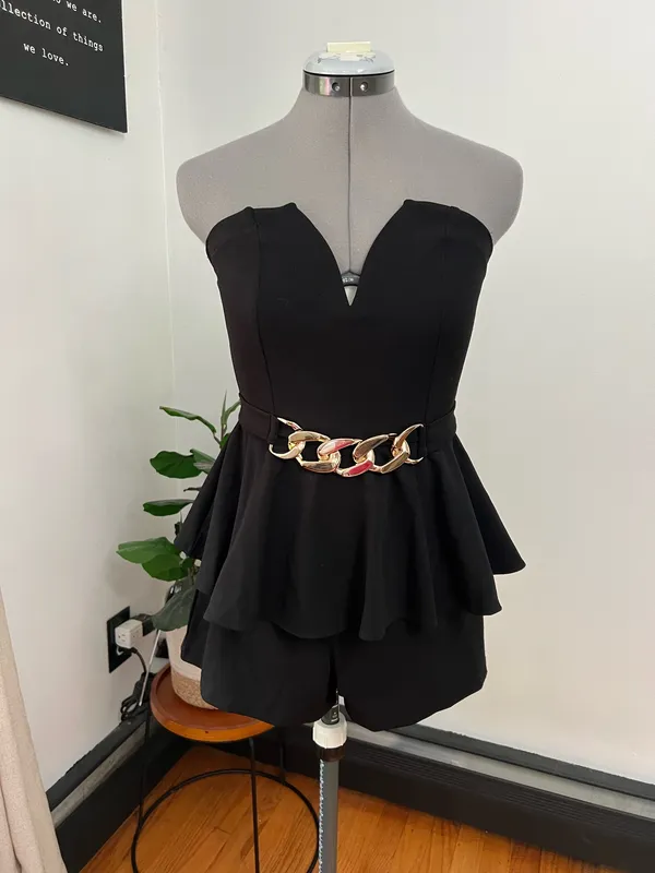 Strapless Black Peplum Romper with Gold Chain Detail - Image 2