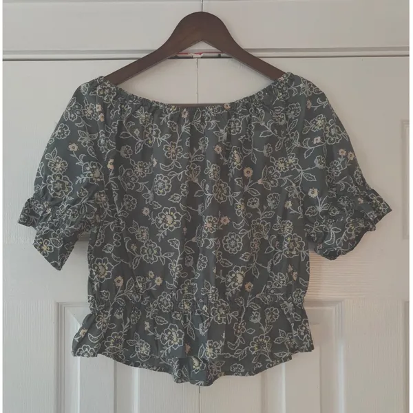 J.Crew Floral Puff Sleeve Smocked Peplum Top Green‎ Cotton Blouse Medium - Image 4