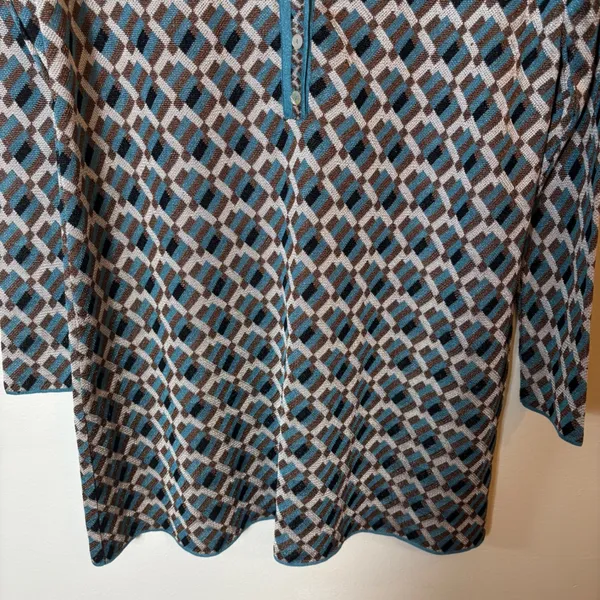 Zara Knit Jacquard‎ Dress Long Sleeve Geometric Print Mini Teal Brown Size Small - Image 4
