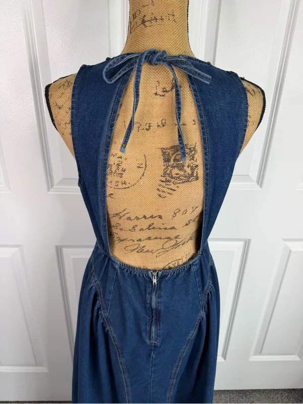 Poselle Denim Open Back Maxi Dress Size L Cotton Blend Sleeveless A-Line Dress - Image 6