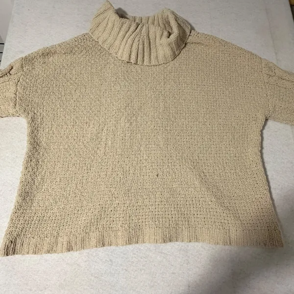 Seven7 Women XL Beige Cable Knit Turtleneck Balloon Sleeve Oversized Sweater - Image 6