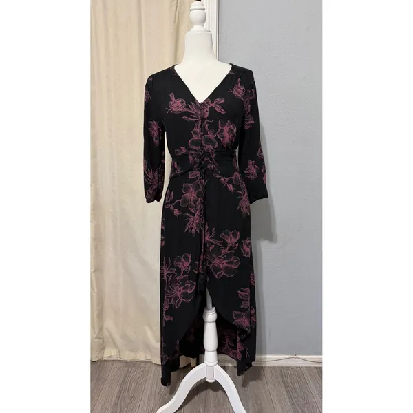 Whimsical‎ American Rag Midi Dress S Black Pink Floral Smocked Waist High-Low - Image 3