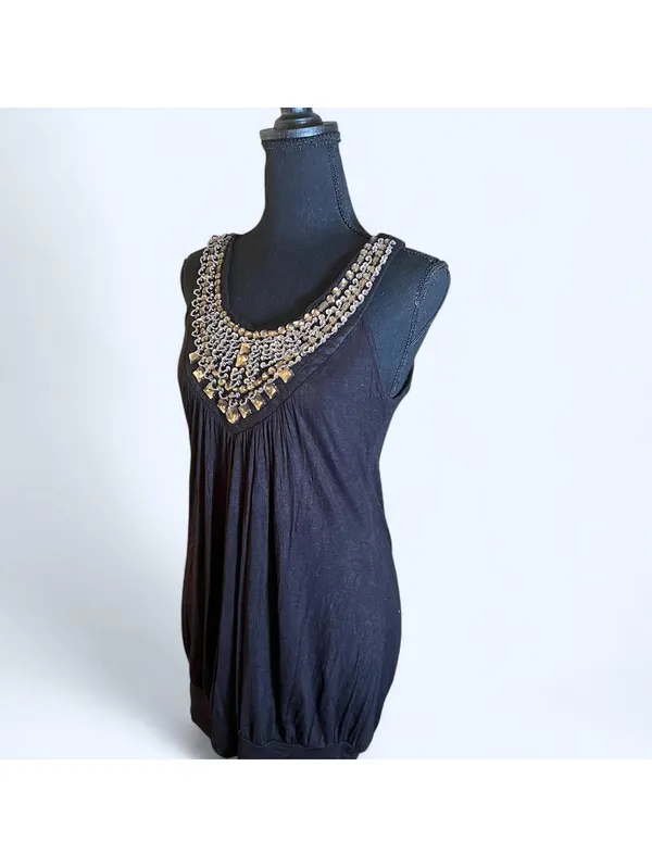 Vintage Y2K black rhinestone embellished lace back tank top glam size Large 🖤 - Image 3