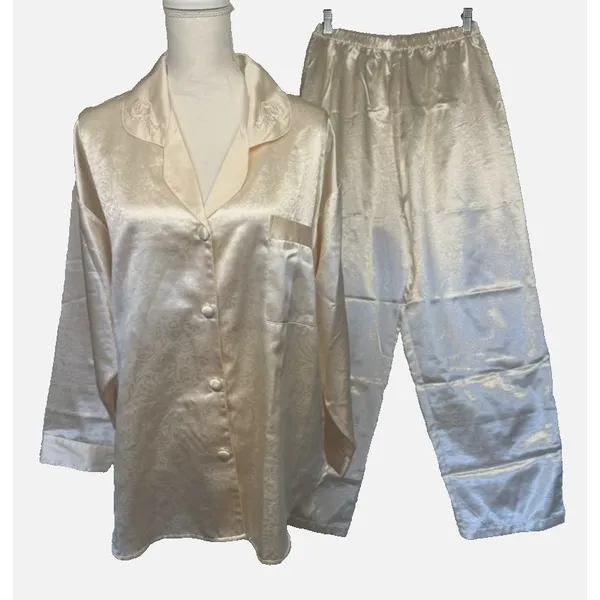 Victorias‎ Secret Pajama Set & Robe Womens Medium Ivory Satin Jacquard Floral M - Image 2