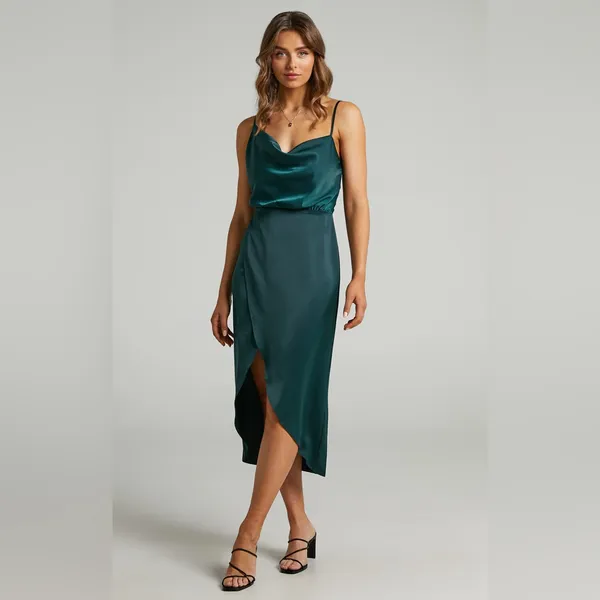 Showpo Sisters By Heart Asymmetric Cowl Neck Midi Dress in Emerald Satin Size 4 - Image 4