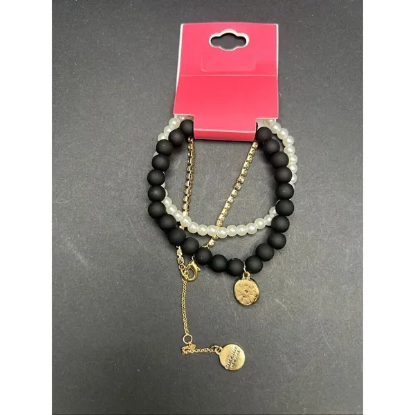 New! Isaac Mizrahi New York 3 Stack Bracelet Set Faux Pearl Beads Gold Chain - Image 3