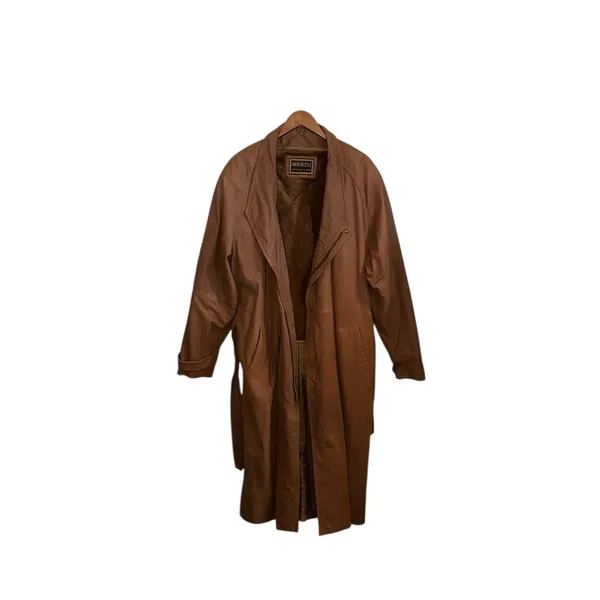 Vintage American Style Brown Leather Belted Trench Coat Mountain life old money - Image 11