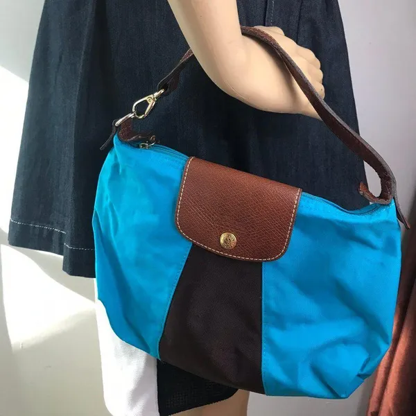 LONGCHAMP Blue Brown Fabric Chic Shoulder Bag - Image 5
