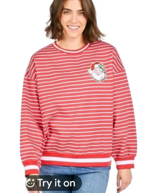 Simply Southern Santa Crew Varsity Sweatshirt Red Striped Santa Baby Size Medium - Image 9