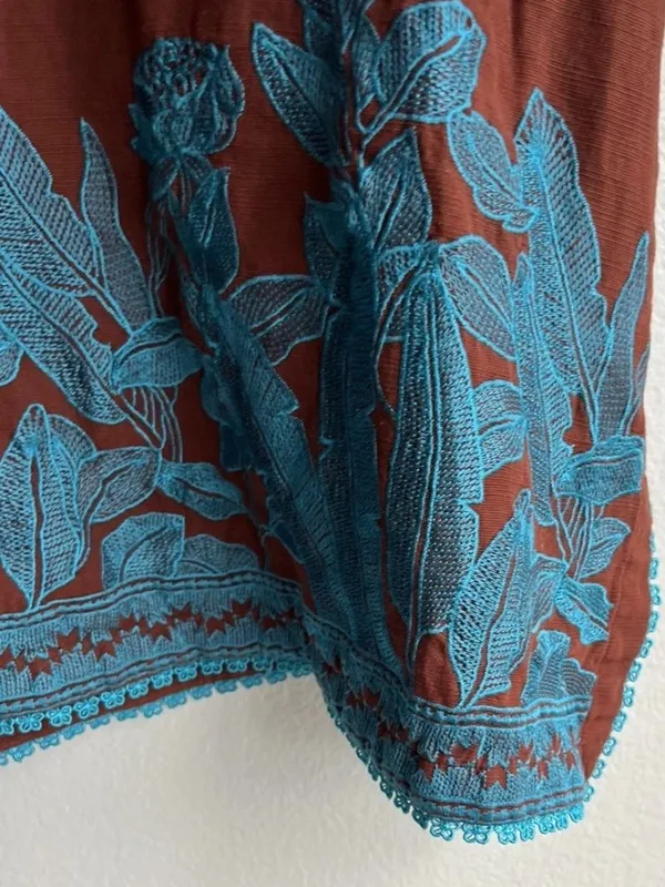 Vintage Mexican American long-sleeved Cotton tunic teal embroidered Brown floral - Image 10