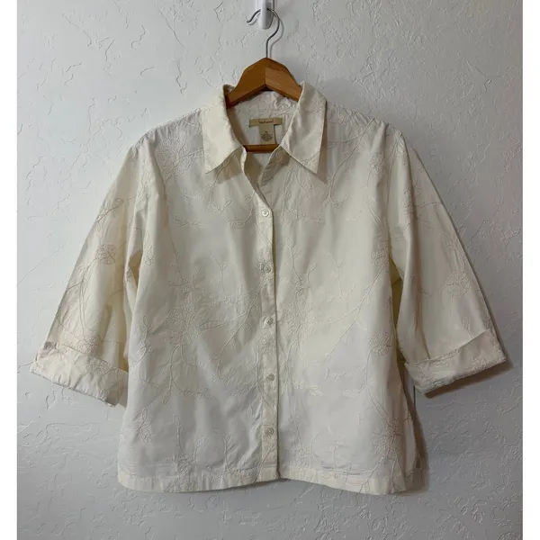 Bechamel Vintage 90s White Cotton Floral Embroidered Button Down Shirt Blouse XL - Image 3