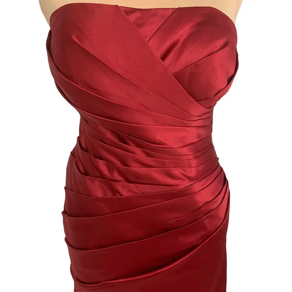 Glam Strapless Red Satin Pleated Cocktail Dress Corset Back M Hoco Bridesmaid - Image 3