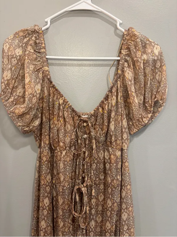 Moon River Puff Sleeve Tiered Maxi Dress S Boho Bohemian Neutral Paisley Gold - Image 2