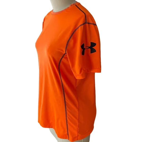 UNDER ARMOUR Neon Orange & Black Activewear Short Sleeve Top ~ Size LARGE - Image 3