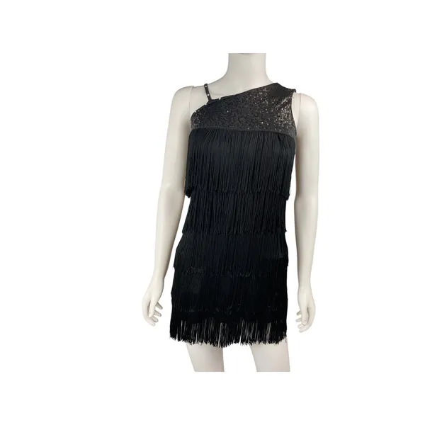 Balera Sequin Fringe One Shoulder Dress‎ Black Sleeveless Flapper Costume - Image 2