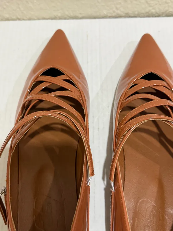 Women’s Pointed Toe Mary Jane Flats Brown Patent Crisscross Strappy Size 41 - Image 7