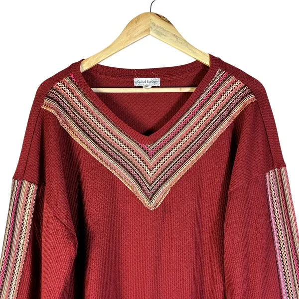 Casual Express Chevron Crochet Waffle Knit Top Burgundy Red Boho Size XL - Image 3