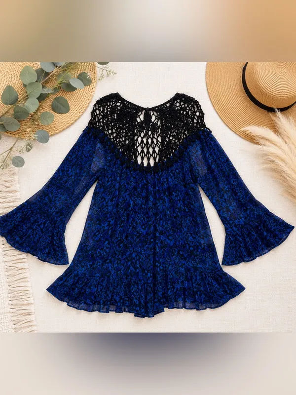 Free People Faded Daisy Frock Dress Tunic XS Blue Black Boho Bell Sleeve - Image 4