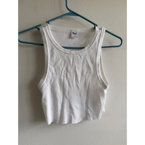 Tna‎ Aritzia White Ribbed Cropped Racerback Tank Top High Neck Small cut - Image 2