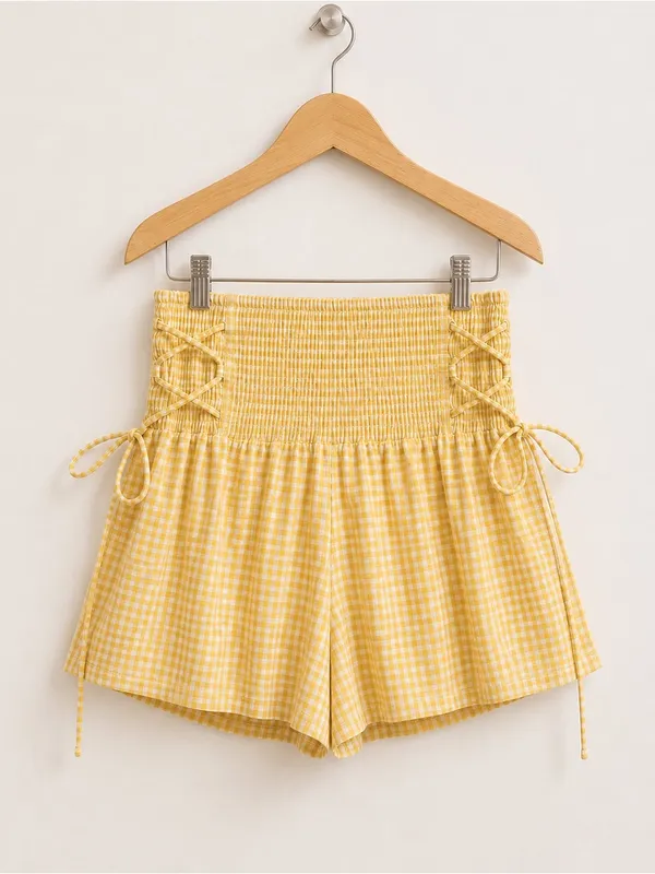 Rays For Days Summer Yellow And White Smocked Gingham Lace Up Tie Side Shorts - Image 2