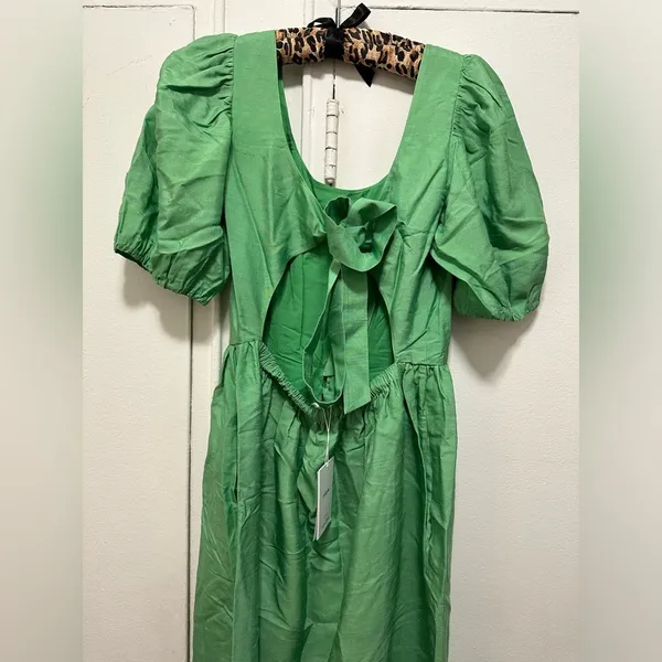 NWT & Other Stories Sea Green Silk Puff Sleeve Tie Back Voluminous Midi Dress 6 - Image 5