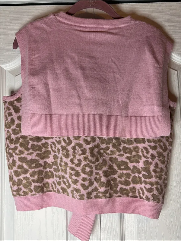 entro Pink and Brown Leopard Knit with Attached Tie Boutique Sweater Vest - Image 5