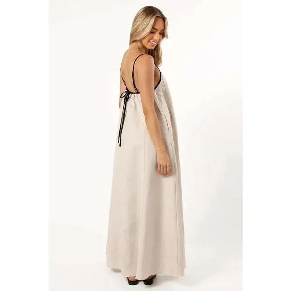 MVN Elliana Maxi Dress Beige Black Trim Linen Blend Relaxed Small - Image 2