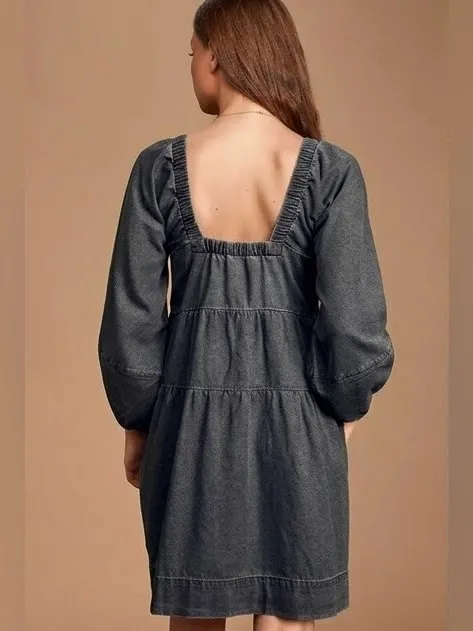 FREE PEOPLE Lou Jean Babydoll Dress in Black Grey Denim Oversized Boho Sz. S - Image 4