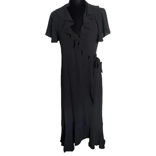 Chelsea28 Womens Dress‎ Size S Black Ruffle Wrap Dress Midi Flutter Sleeve NEW - Image 3