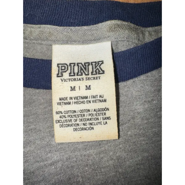 PINK Victoria's Secret Gray‎ Navy Raglan Sleeve Graphic T Shirt Womens Medium - Image 3