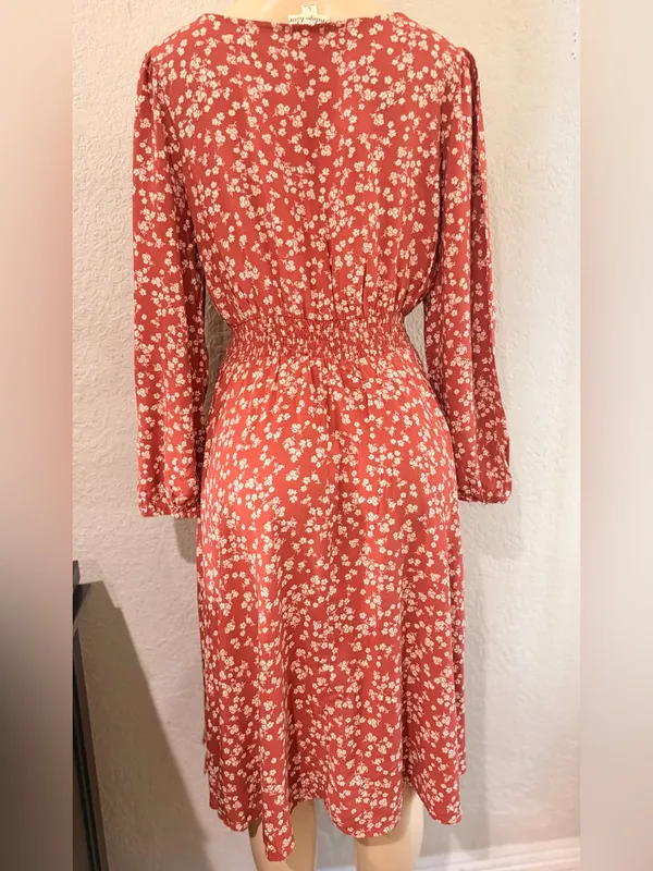 Índigo Rose Rust Floral V-Neck Midi Dress with Long Sleeves size L fall ready - Image 15