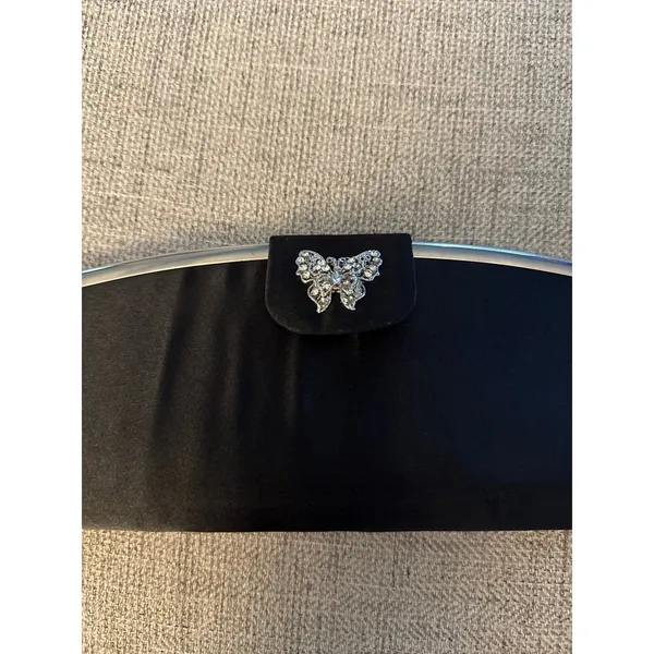 TOVA Beverly Hills Black Satin Evening Clutch‎ Purse Rhinestone Butterfly - Image 2