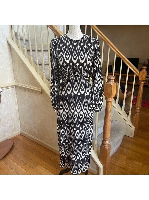 Zara Printed Midriff Cutout Brown Cream Ikat Tribal Puff Sleeve Maxi Dress Sz S - Image 5