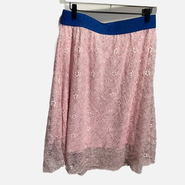 LuLaRoe‎ Lola Pink Floral Lace Midi Skirt Blue Elastic Waistband Large Womens - Image 3
