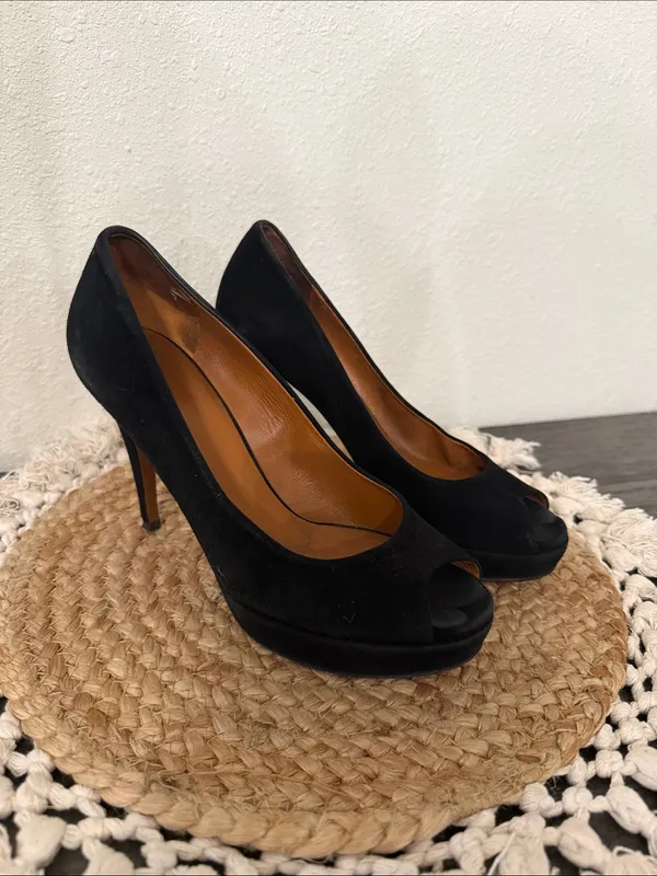 Gucci Black Suede‎ Peep Toe Platform Stiletto Pumps Heels Size 37 - Image 12
