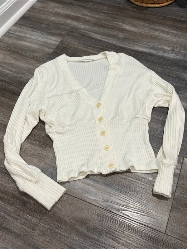 REFORMATION Vitalia Ribbed Top In Ivory Cardigan XS - Image 7