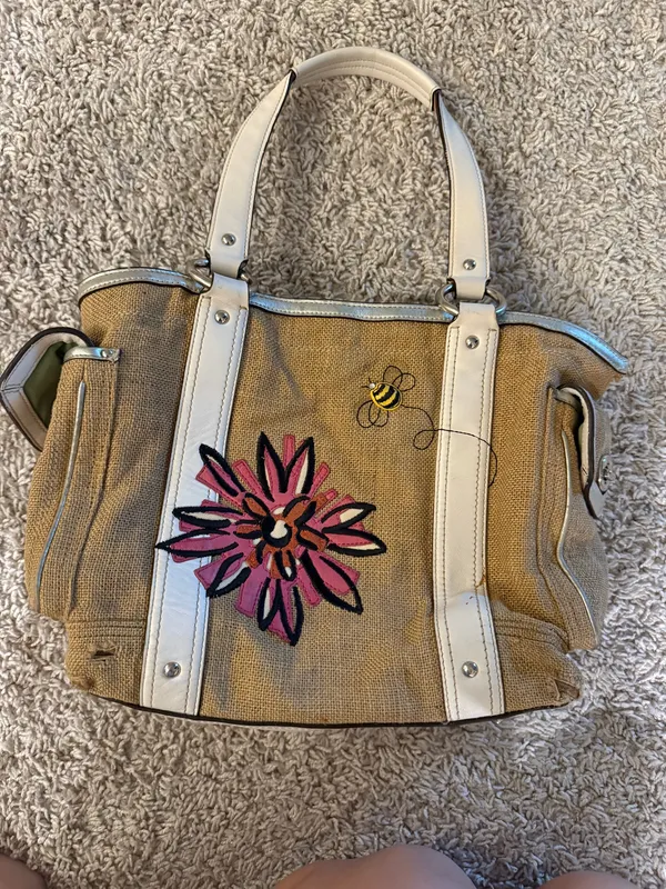 Coach Bumble Bee Handbag Straw Floral Tan White 2005 - Image 4