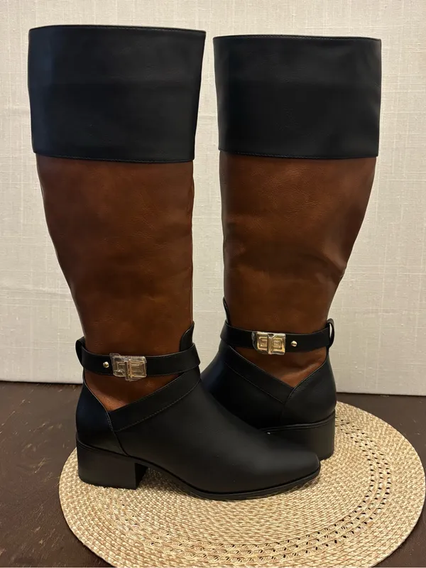 Just Fab Black and Tan Winnie Block Heel Boots | Women | Size 6.5 NWOB - Image 2