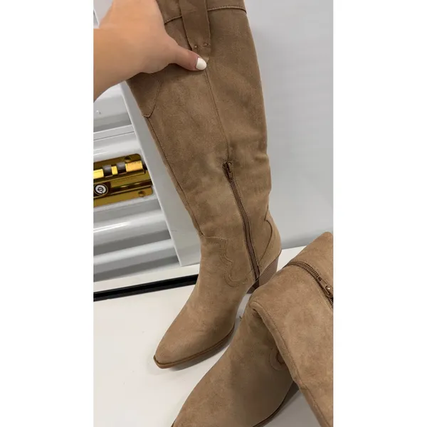 Tan Faux Suede Western Knee High Boots Pointed Toe Block Heel Size 8.5 - Image 7