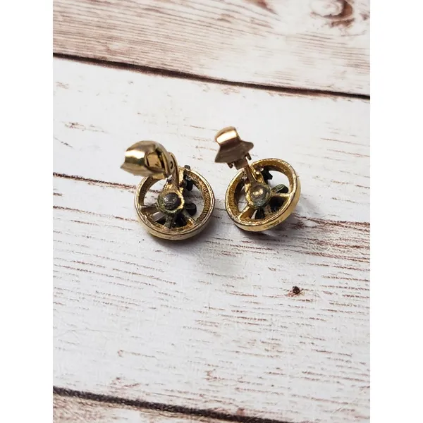 Vintage Clip On Earrings - Small Gold Tone Circle with Dark Grey Flowers - Image 5