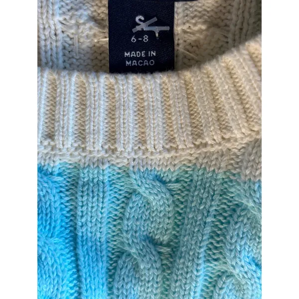 Lands End Drifter Cable Knit Sweater Blue Cream Striped Cotton Crew Neck S 6-8 - Image 3