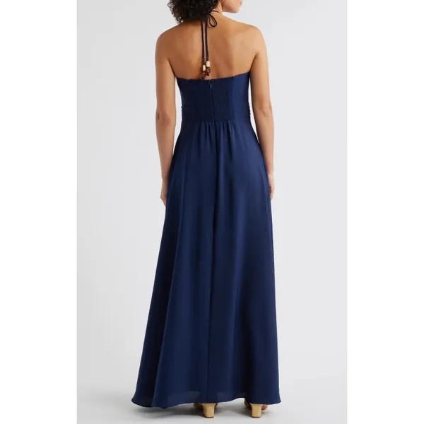 Eliza J Maxi Dress Navy Halter Pleated Embellished Formal Cocktail US 10 NWT - Image 2