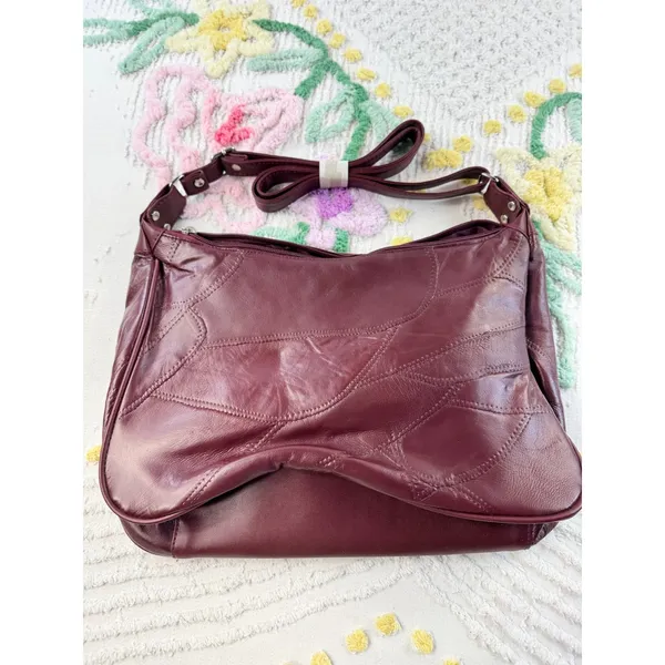 Burgundy Patchwork Leather Multi Pocket Crossbody Shoulder Bag Wine‎ Red - Image 9