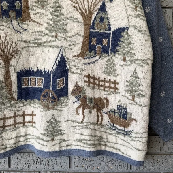 Vintage Nutcracker Christmas Sweater Medium Blue Cabin Sleigh Ride Horse Scene - Image 3