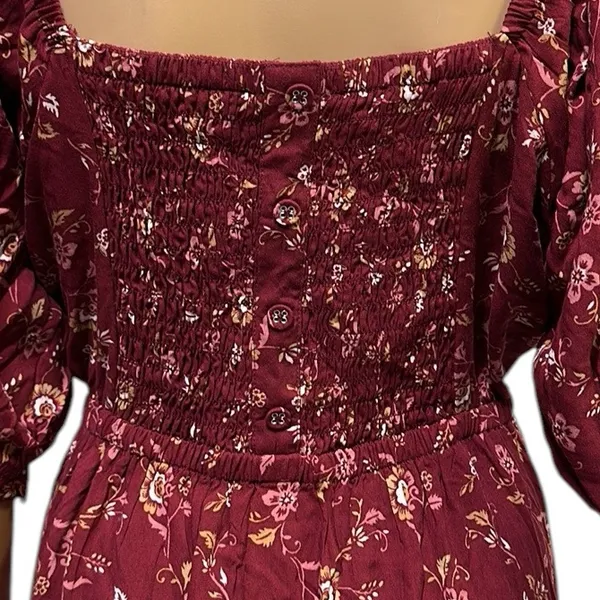 Mod Lusive Rayon Burgundy Floral Print Smocked Back Puff Sleeve Maxi Dress XL - Image 7