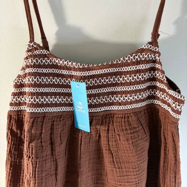 Cupshe Brown Gauze Smocked Romper Embroidered Bohi Summer‎ Beach Jumpsuit NEW - Image 3