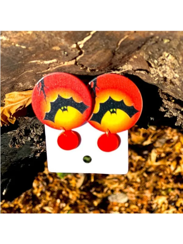 NEW Halloween Bat Orange Acrylic Dangle Earrings Spooky Fall - Image 2